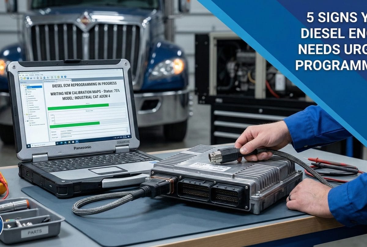 Technician performing professional ECM programming on a diesel engine control module with a commercial truck in the background