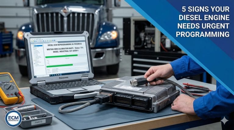 Technician performing professional ECM programming on a diesel engine control module with a commercial truck in the background